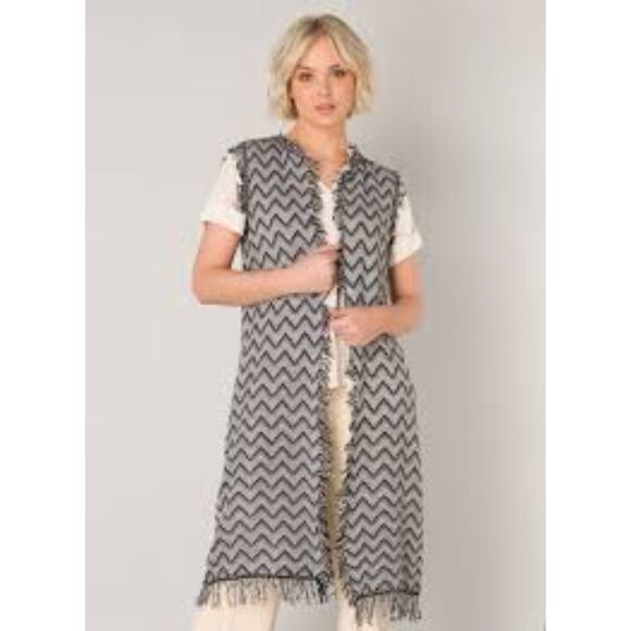 New NWT Chico's Collection 1 Medium Black Metallic Gold Fringed Hem Long Vest - Picture 2 of 7